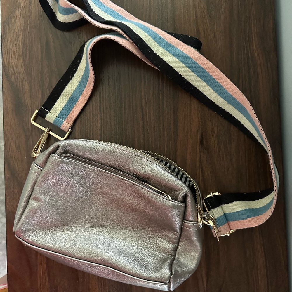 Metallic Crossbody Bag with Striped Strap